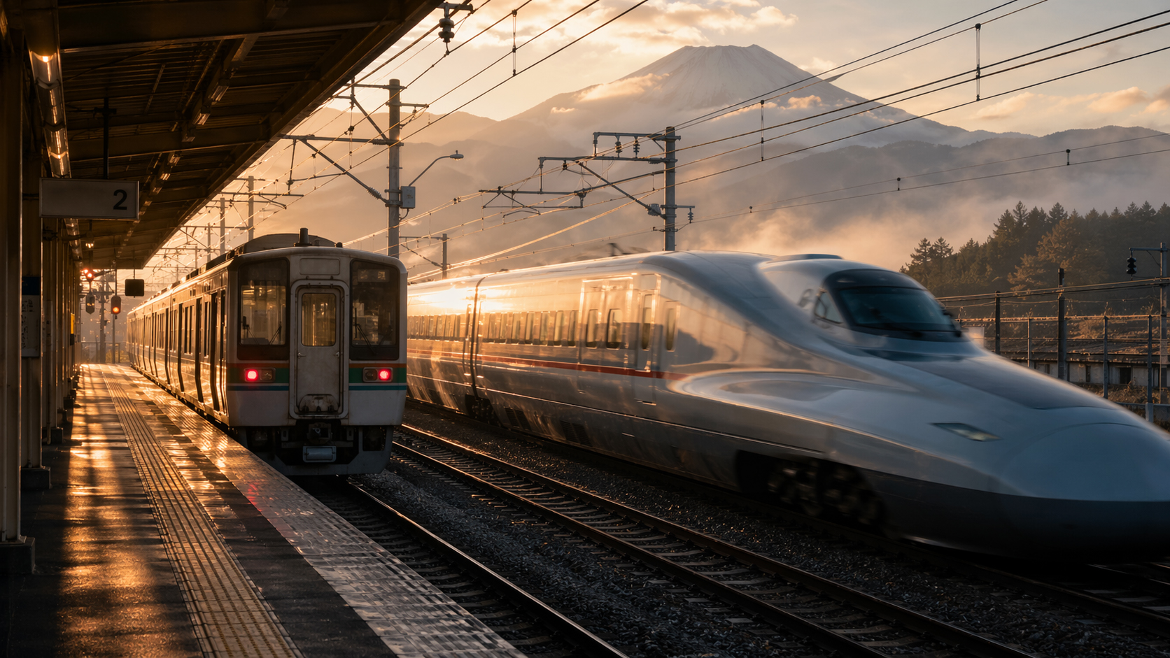 新幹線と地方列車、ホームの朝光が日本の鉄道文化を象徴する画像