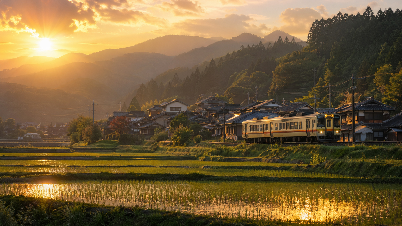 田んぼ、山里、地方列車、夕方の光が地方の日本を象徴する画像