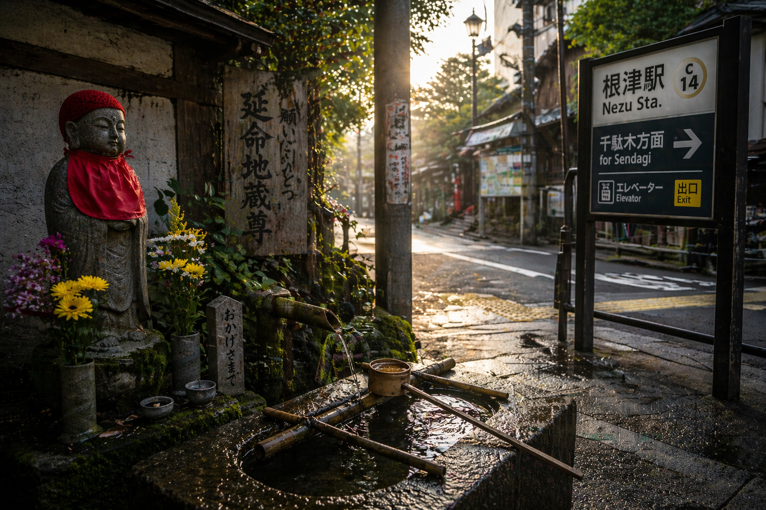 地蔵、水柄杓、駅の案内板、朝の光が並ぶ日本の小さな所作を象徴する画像