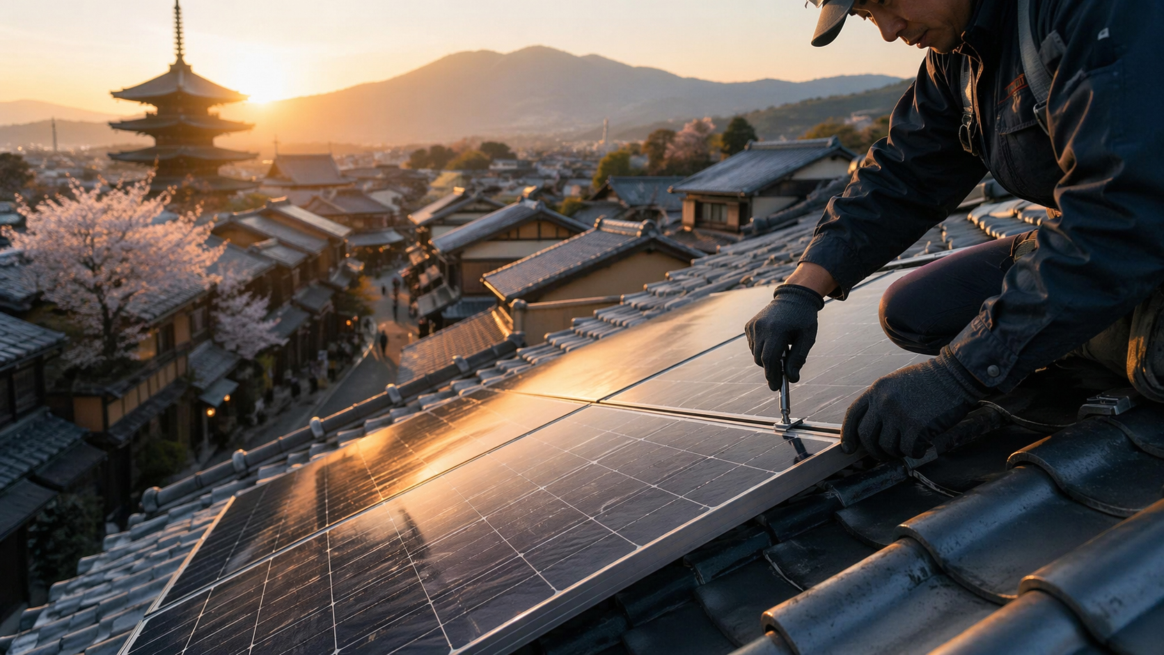 古い町並みの屋根に太陽光パネルを設置する手元と未来の光を象徴する画像
