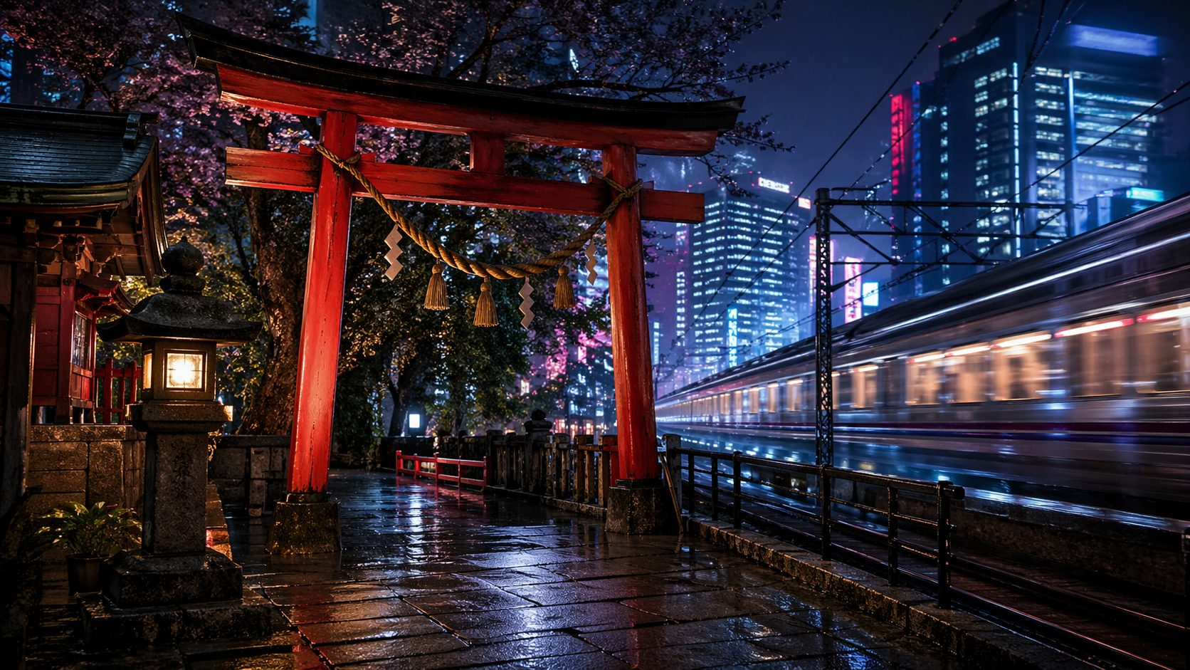 赤い鳥居、夜のネオン、走る電車が重なる東京の儀式と速度を象徴する画像
