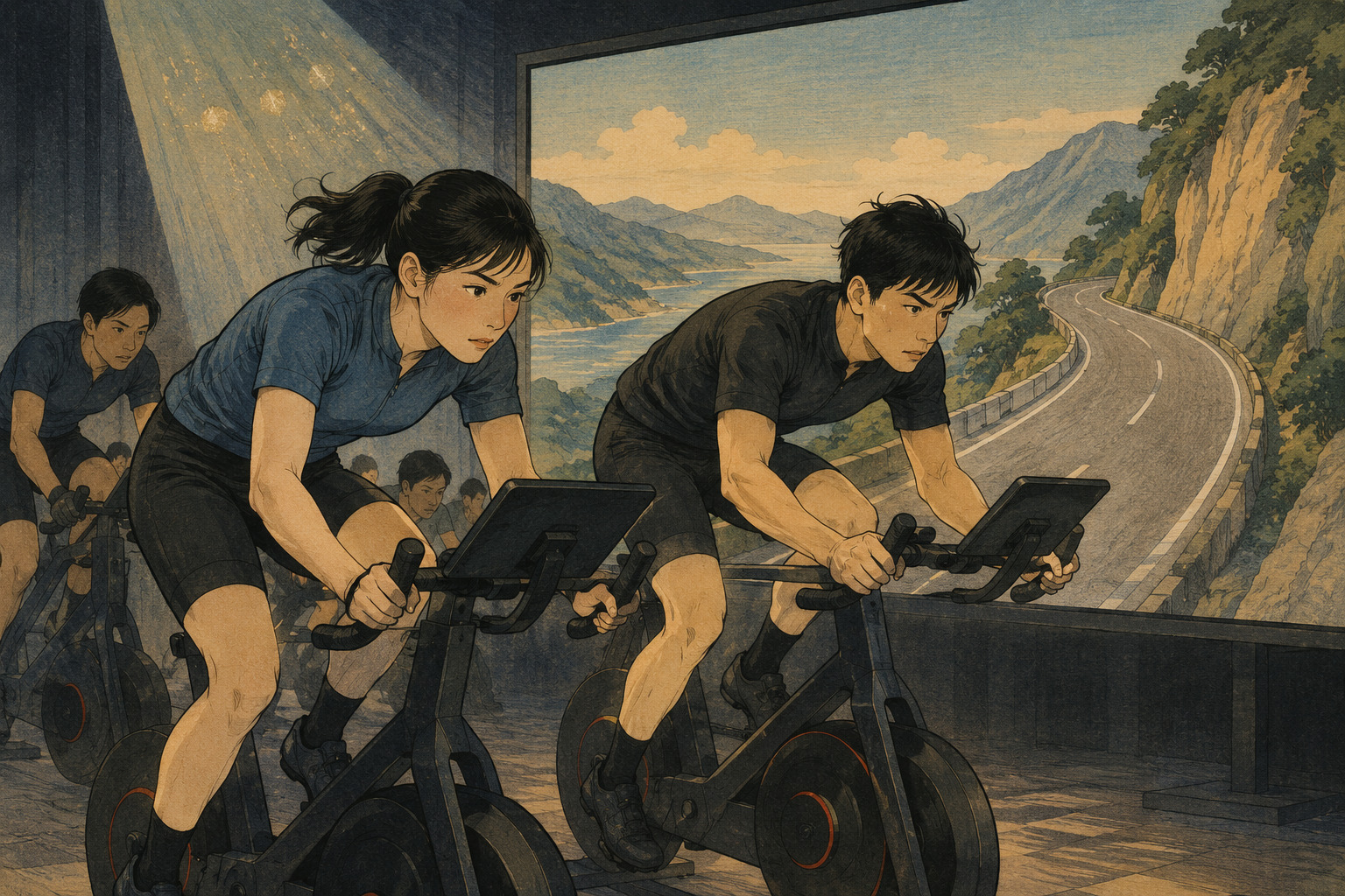 大型画面の仮想コースを走るサイクリングEスポーツ選手を描いた編集イラスト