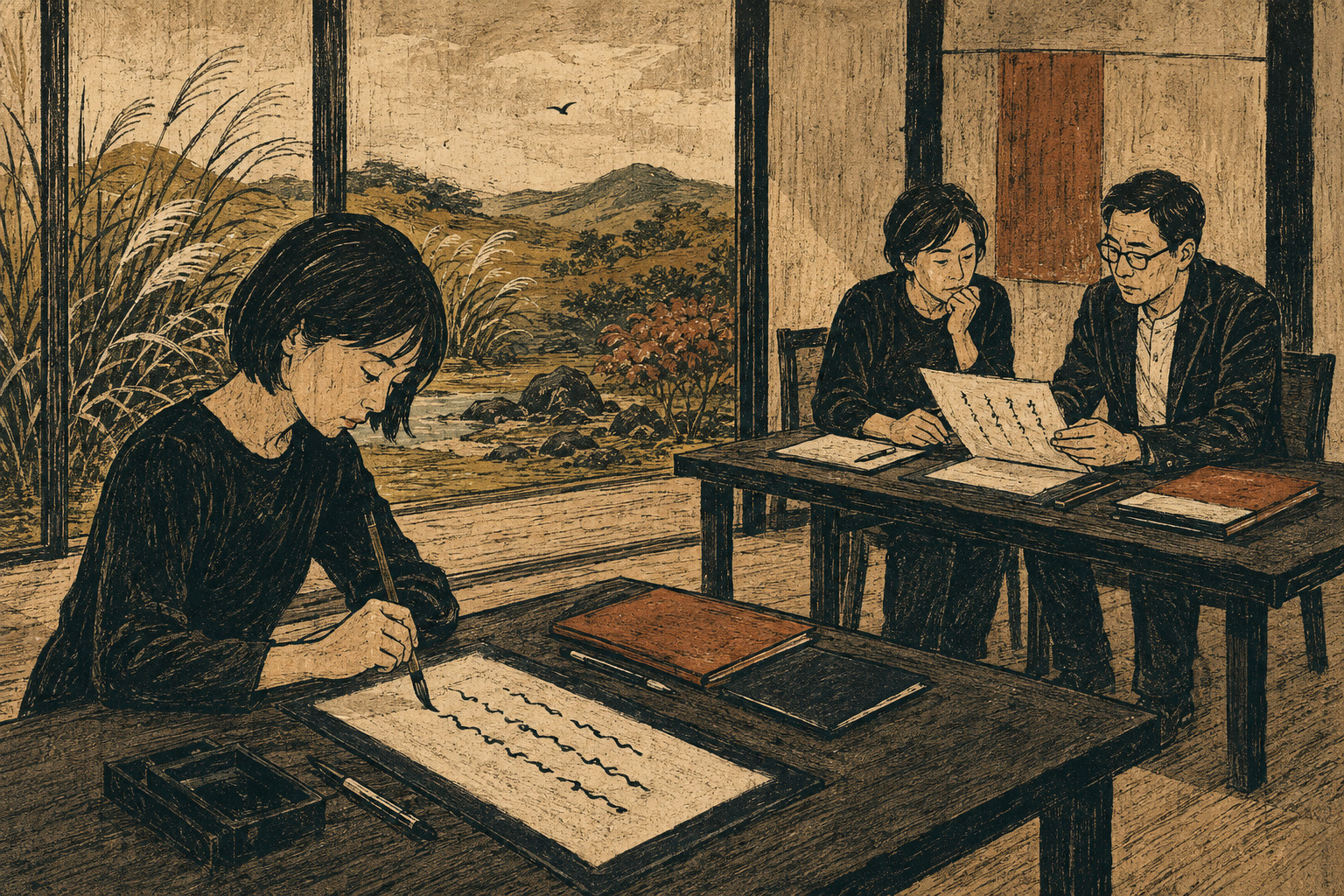Editorial illustration of a handwritten tanka beside an ink brush and traditional Japanese paper