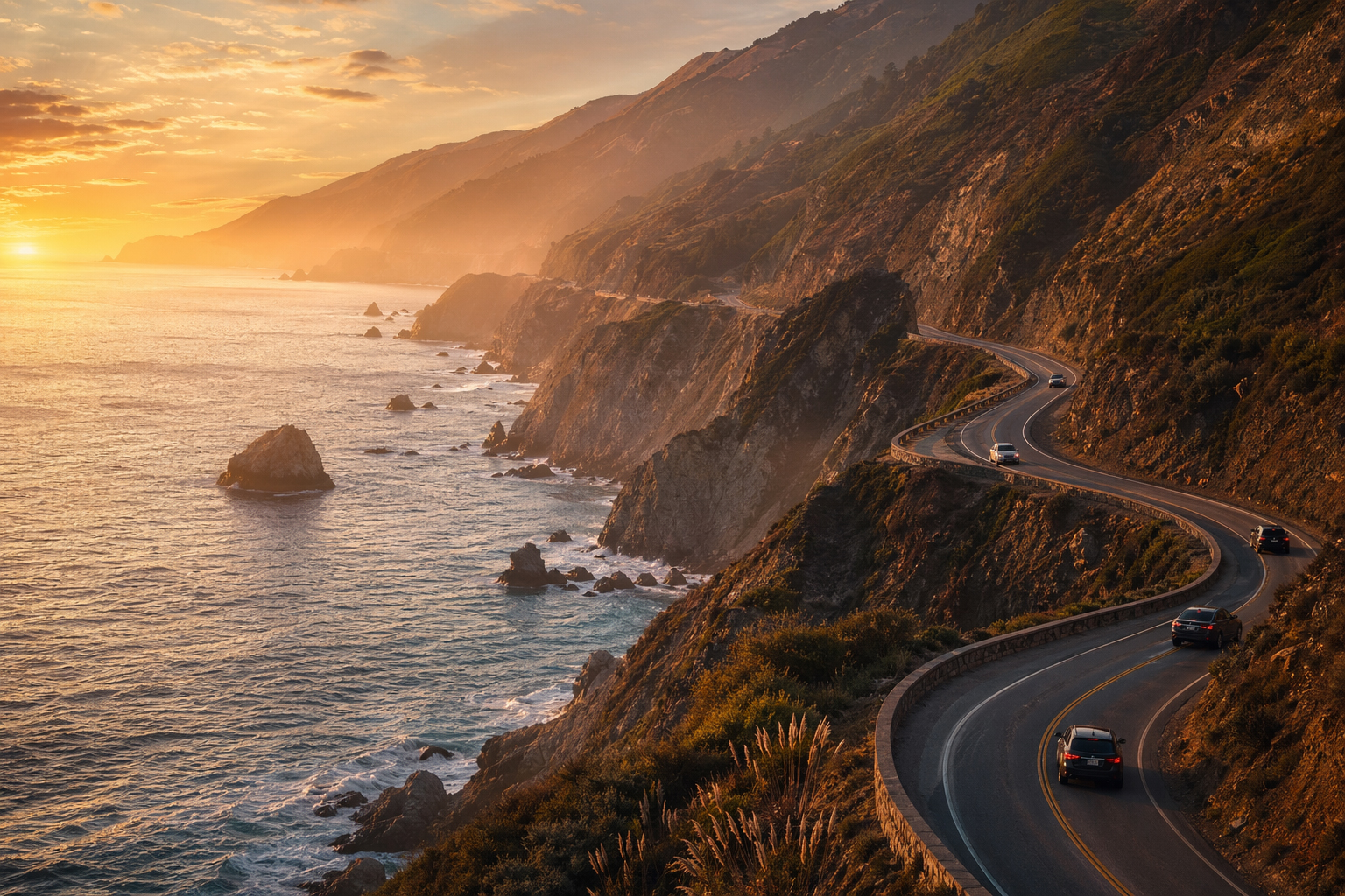 California.co.jp を象徴する太平洋岸、ビッグサー、夕景、ロードトリップの風景