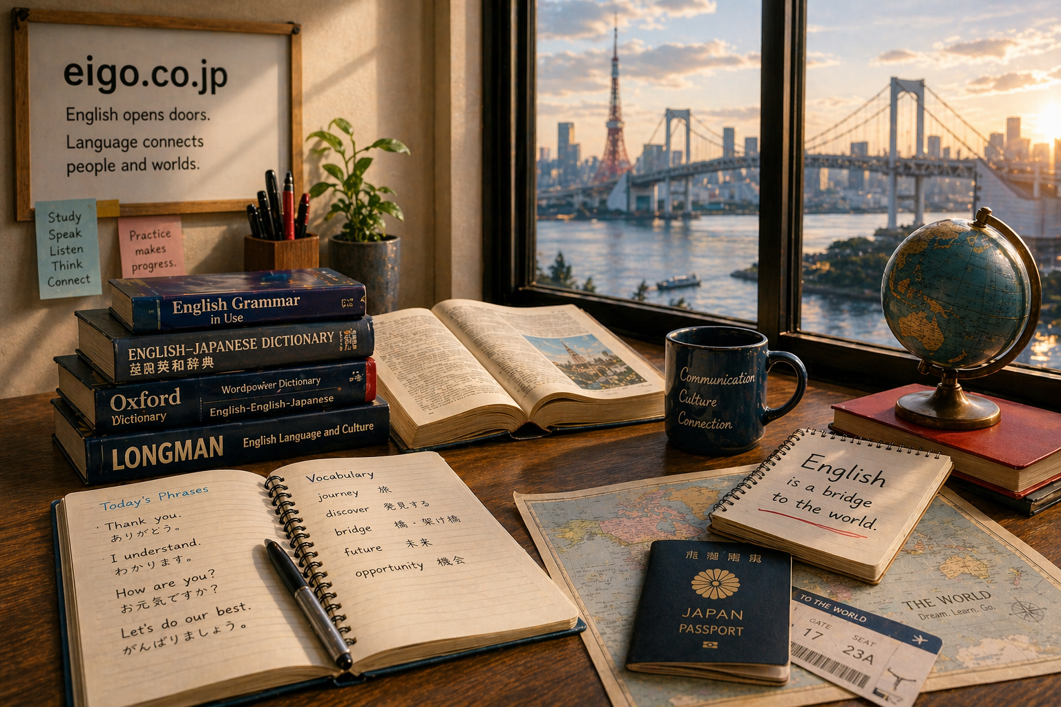 Eigo.co.jp を象徴する英語と日本語をつなぐ教室、パスポート、世界への窓