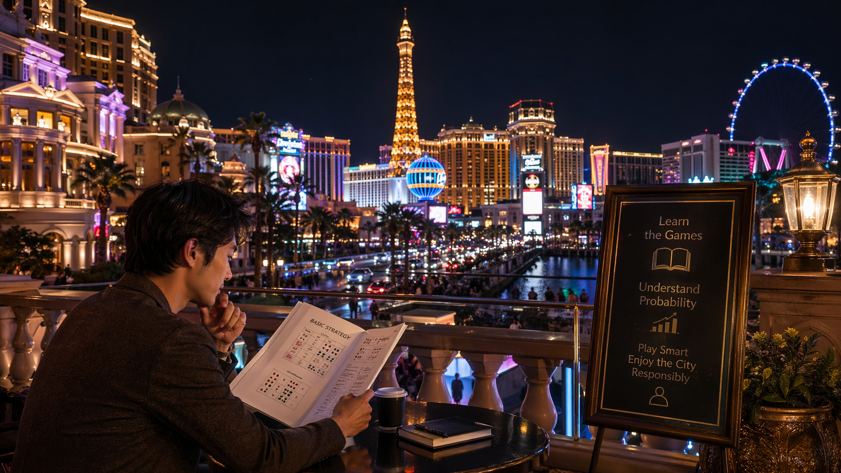 LasVegas.co.jp を象徴するネオン、ストリップ、カジノ学習、責任あるプレイの風景