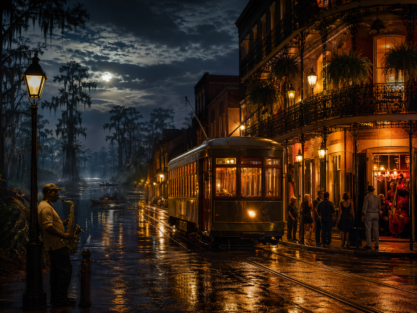 Louisiana.co.jp を象徴するニューオーリンズの夜、ジャズ、ストリートカー、湿地の光