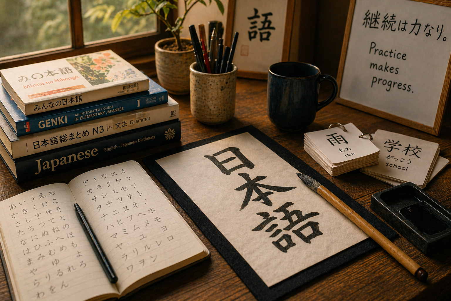 Nihongo.co.jp を象徴する筆文字、かな、漢字、日本語学習の机