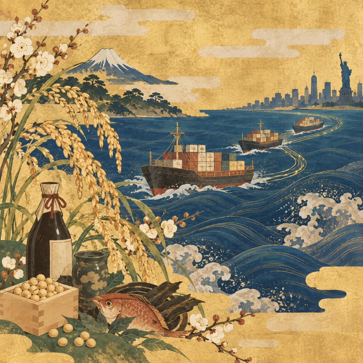 しょうゆ、穀物、船、海を金と藍で描き、日本と米国を結ぶ食品産業を象徴した編集用イラスト