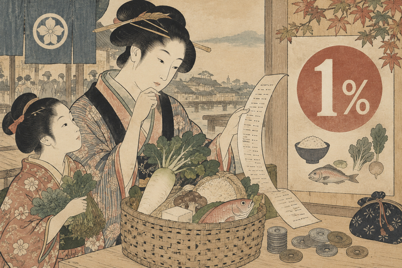 Kubo Shunman-inspired editorial illustration of groceries, yen coins, a receipt and a 1% tax motif