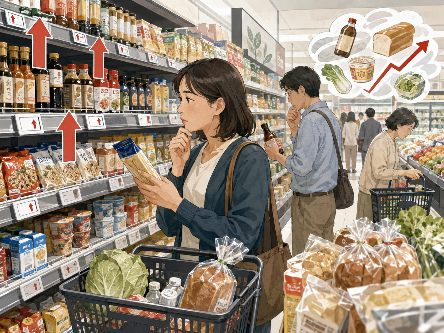 日本のスーパーで値上げを見ながら買い物をする人々