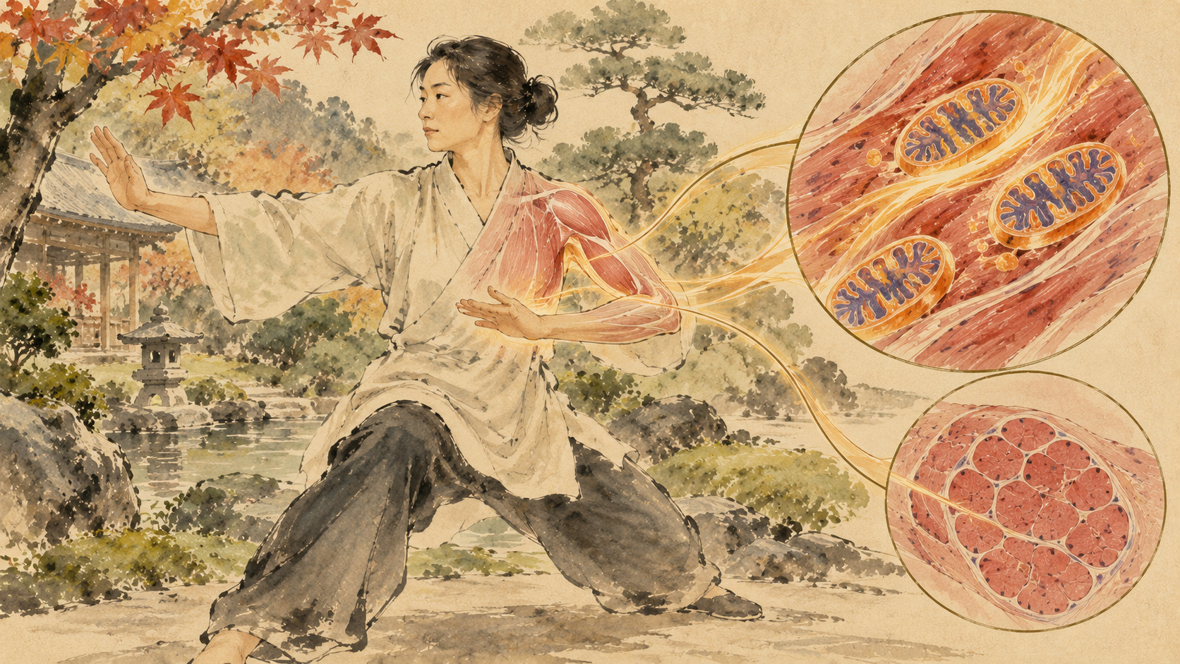 血液疾患の薬と老化筋――ミトコンドリアに新たな手がかり — editorial illustration