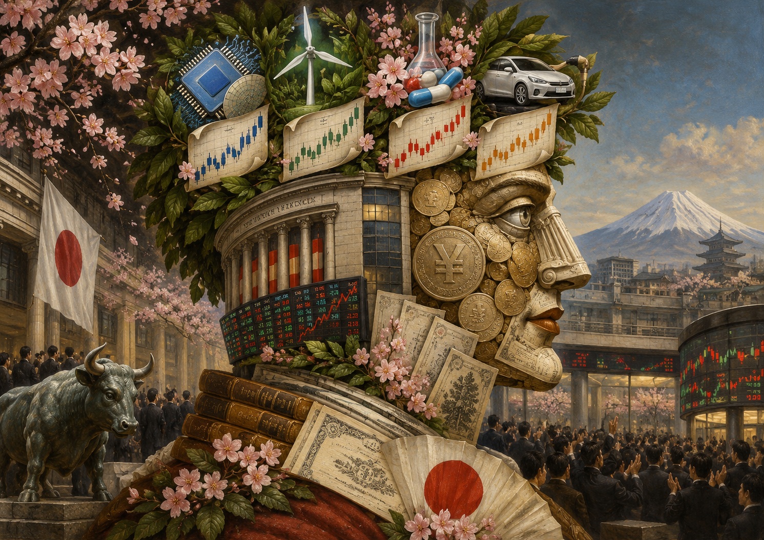 Japan.co.jp AI editorial illustration inspired by Giuseppe Arcimboldo’s composite portraits, accompanying “Four Companies, One Friday: What September 18 Reveals About Tokyo’s Listing Market”