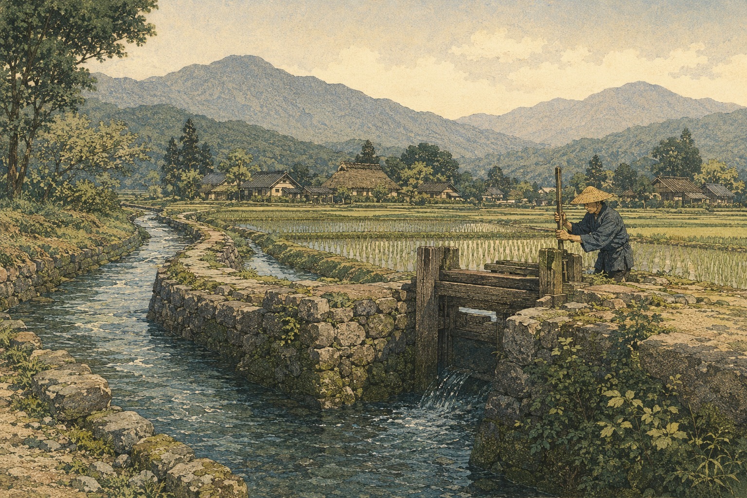 An editorial illustration of clear water moving through an old stone-lined channel into Japanese rice fields
