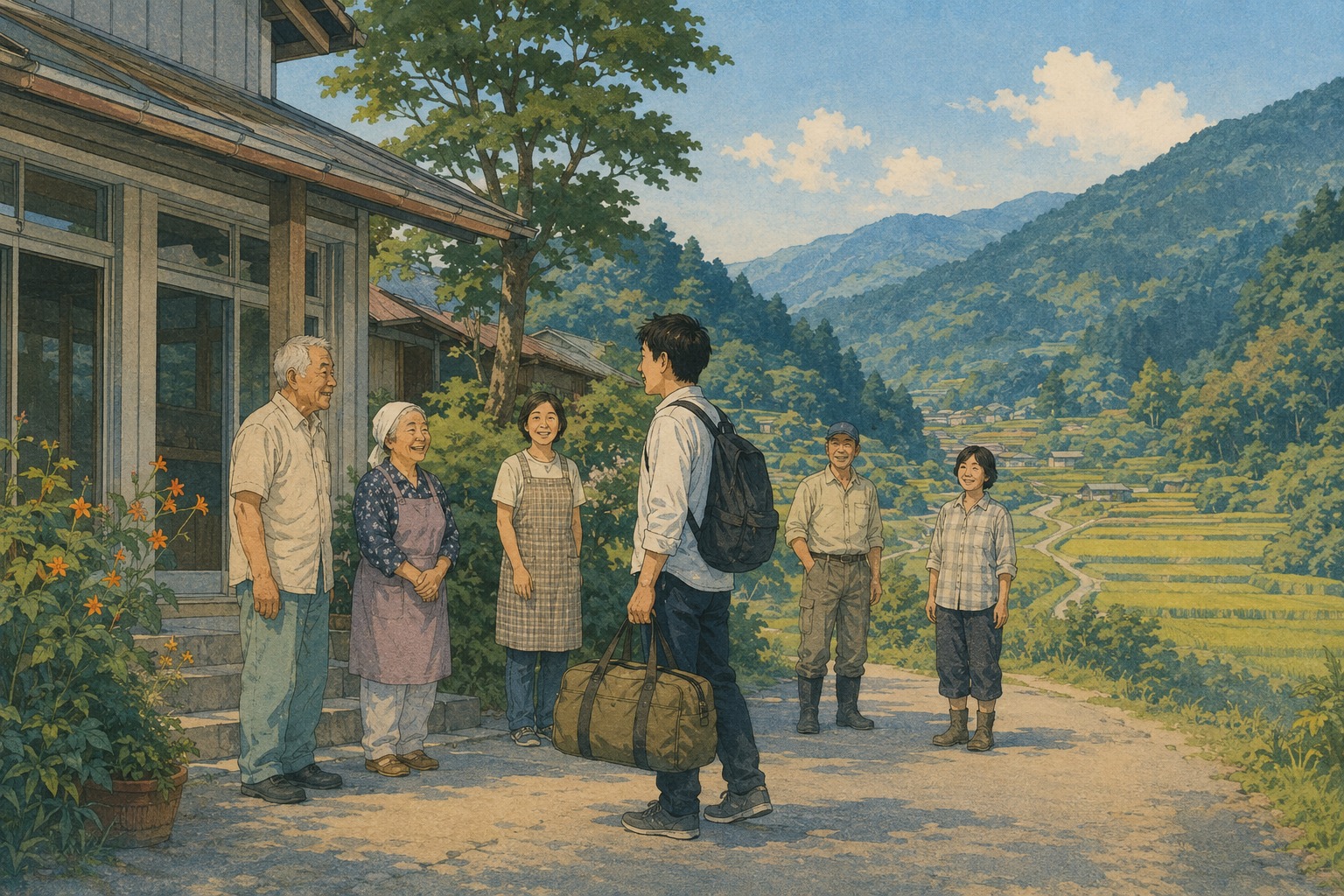 山間の農村で地域住民が都市から来た人を迎える小原古邨着想の編集用イラスト