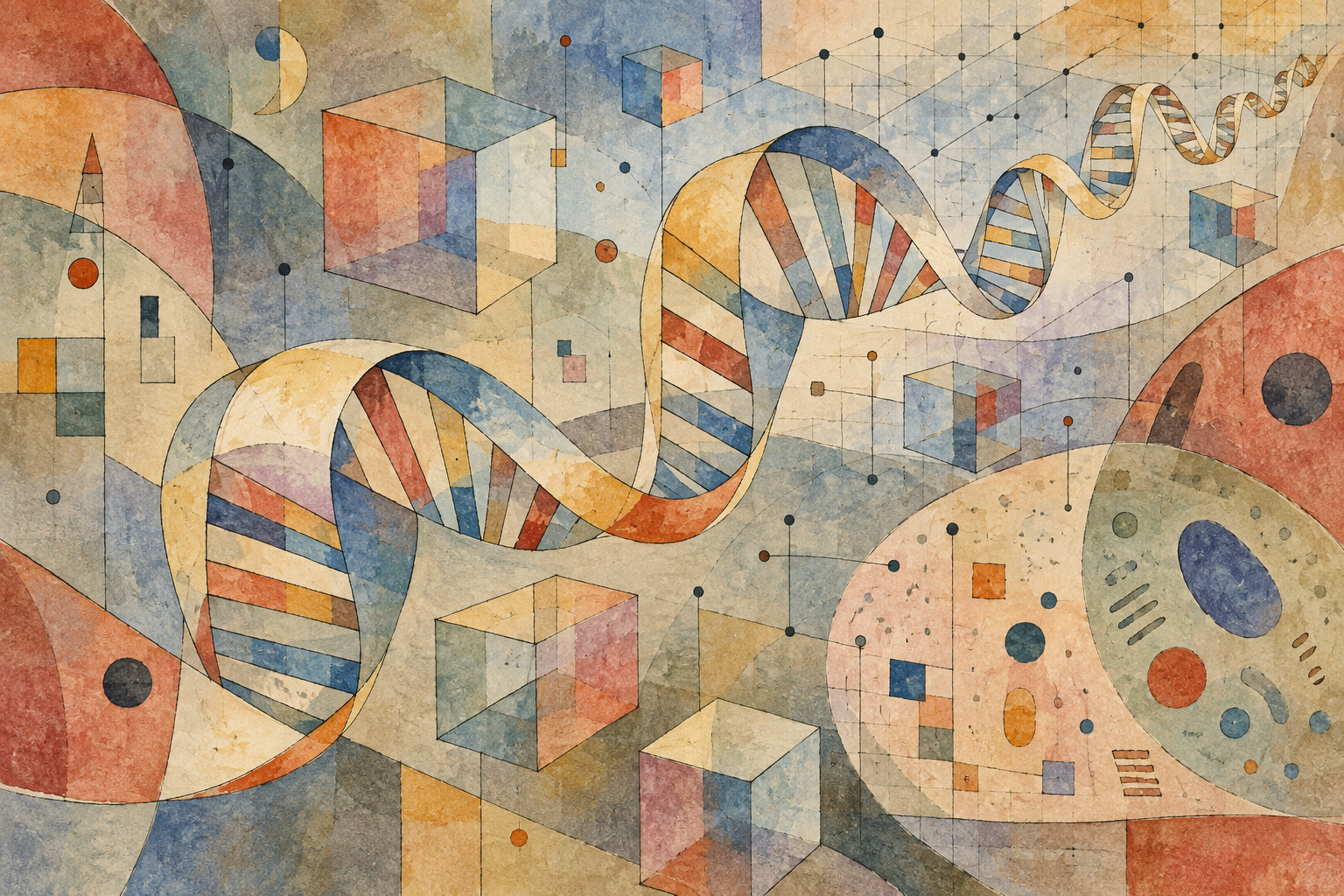 A DNA-like ribbon folding through an imaginary geometric cellular landscape