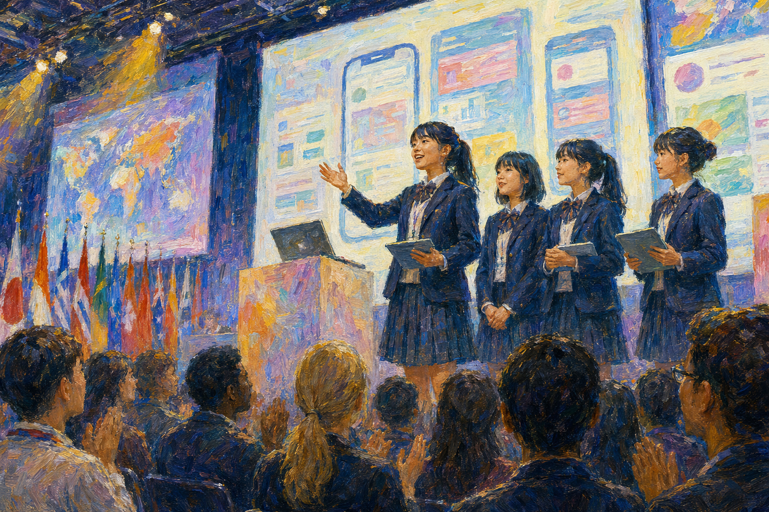 アプリを発表する日本の女子生徒