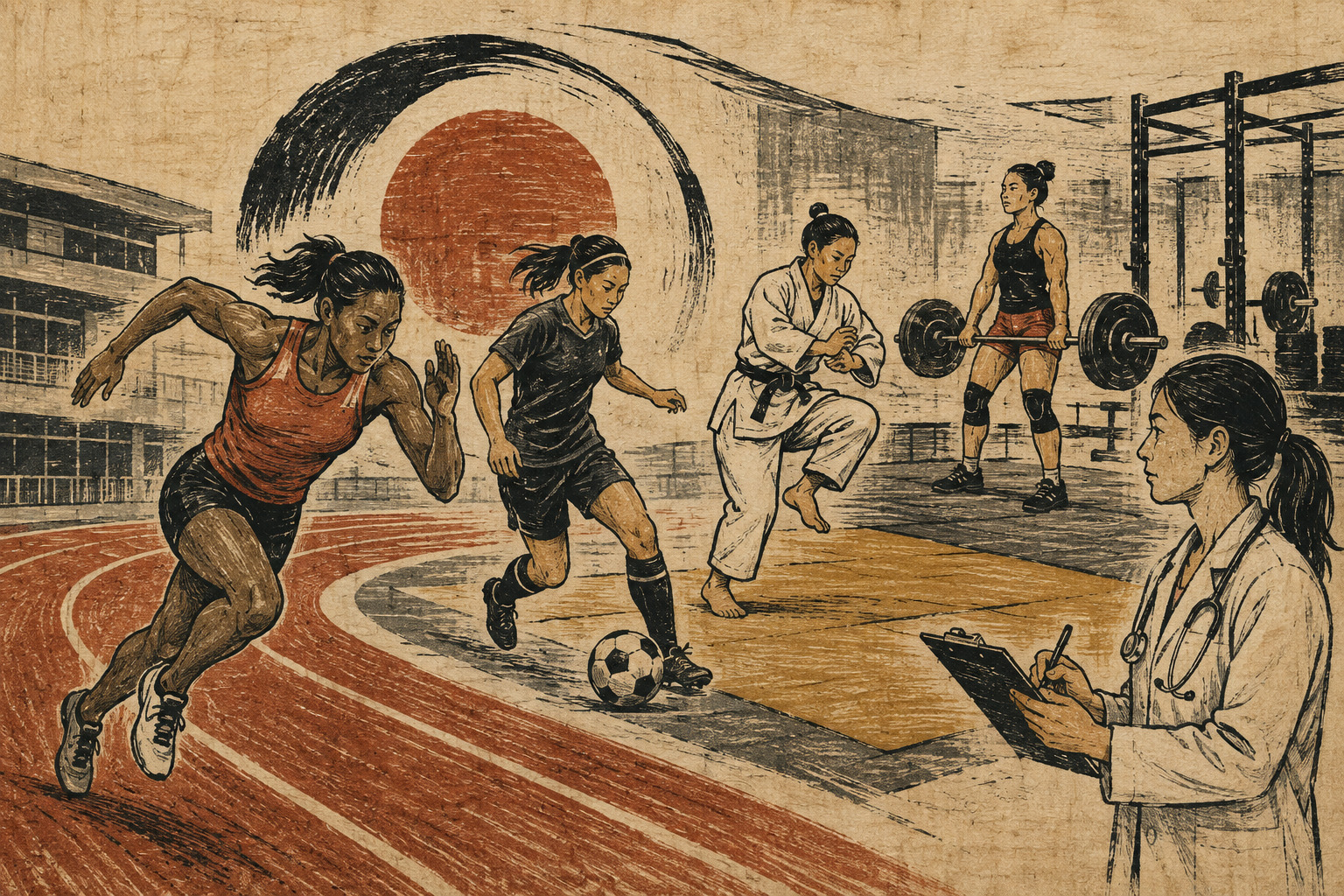Editorial illustration of female athletes from several sports training together