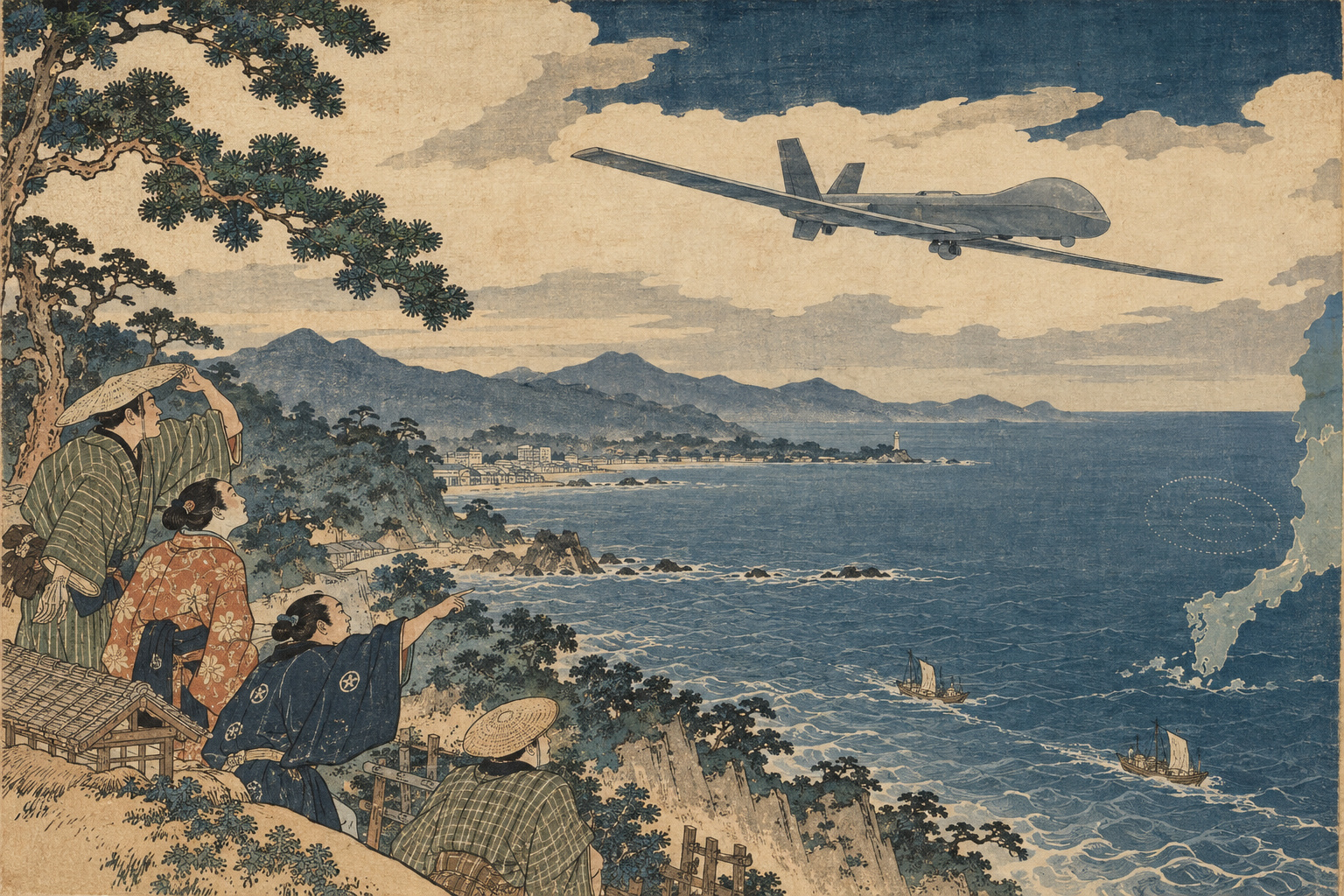 An editorial illustration of an RQ-4B Global Hawk flying over the Sea of Japan off Tottori