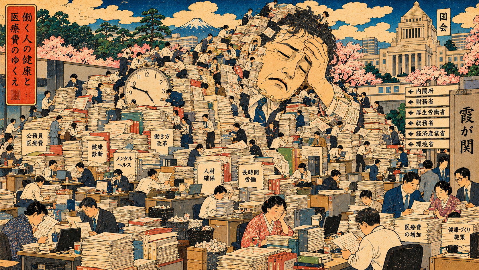 霞が関の公務員と書類の山を寄せ絵で表したイラスト