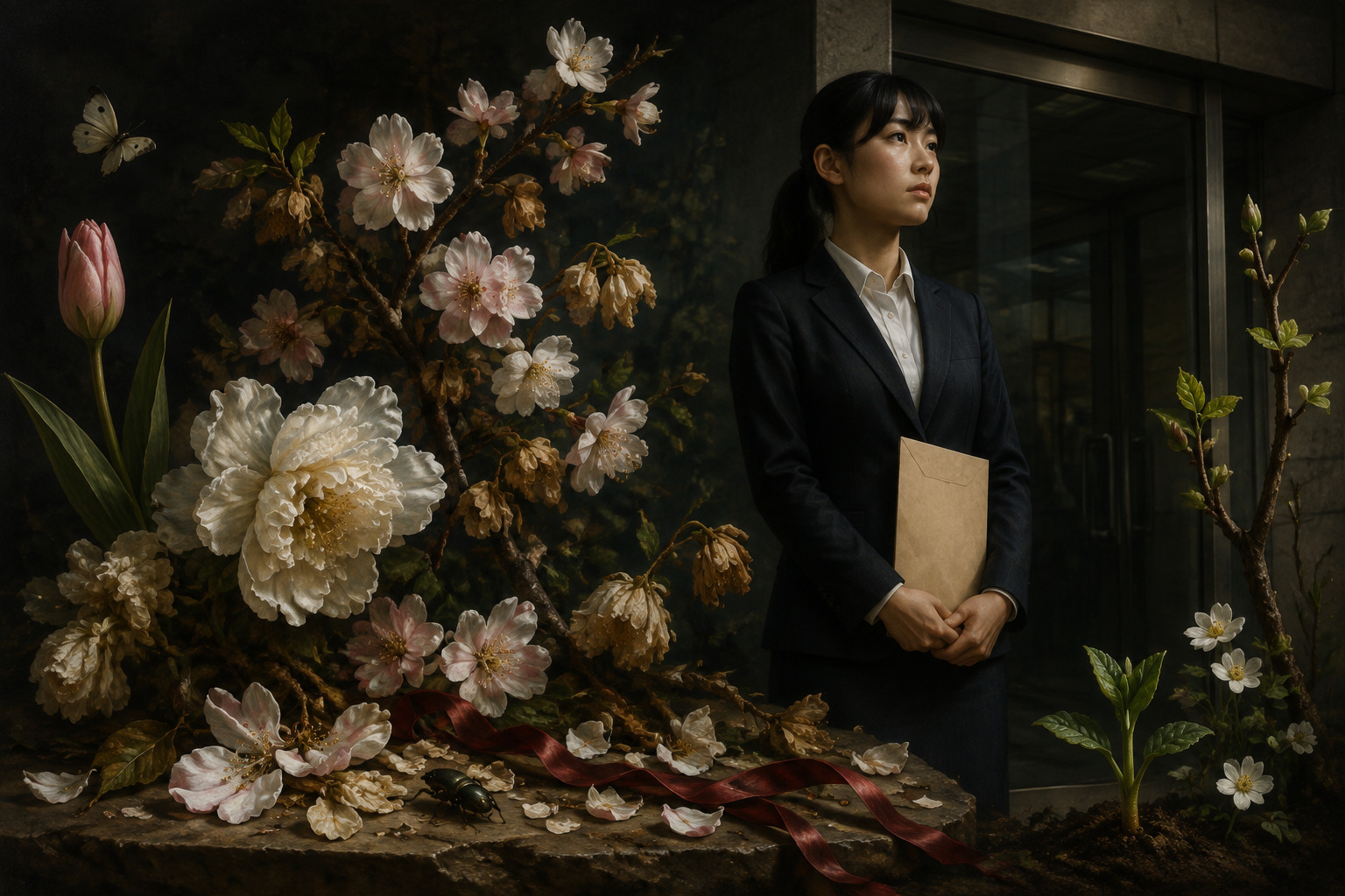 勤務先の玄関前で封筒を持つ若い就職希望者と、咲き終えた花を描いた編集イラスト