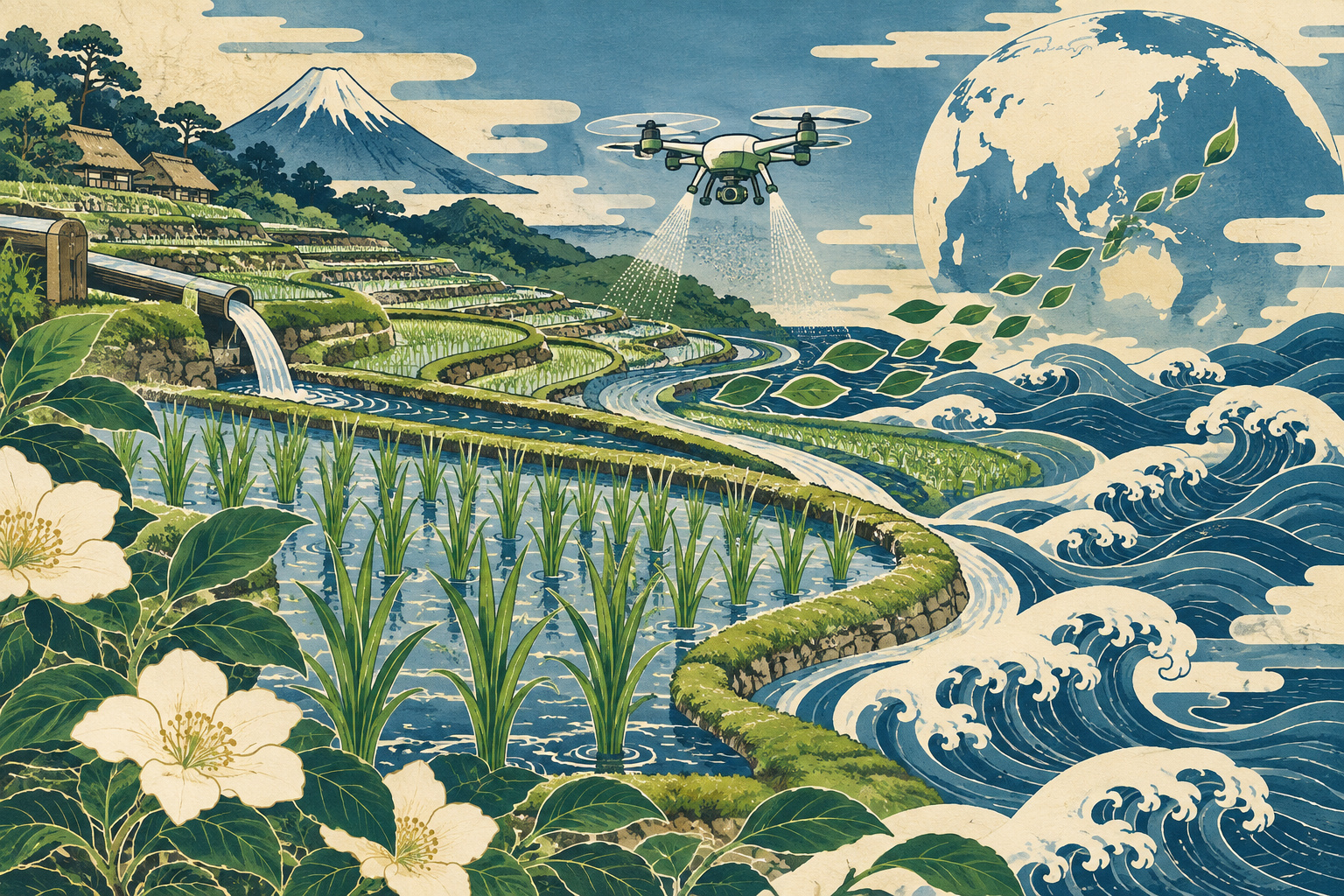 Japan’s Green Farming Push Goes Global. Can It Work on the Farm? — AI editorial illustration