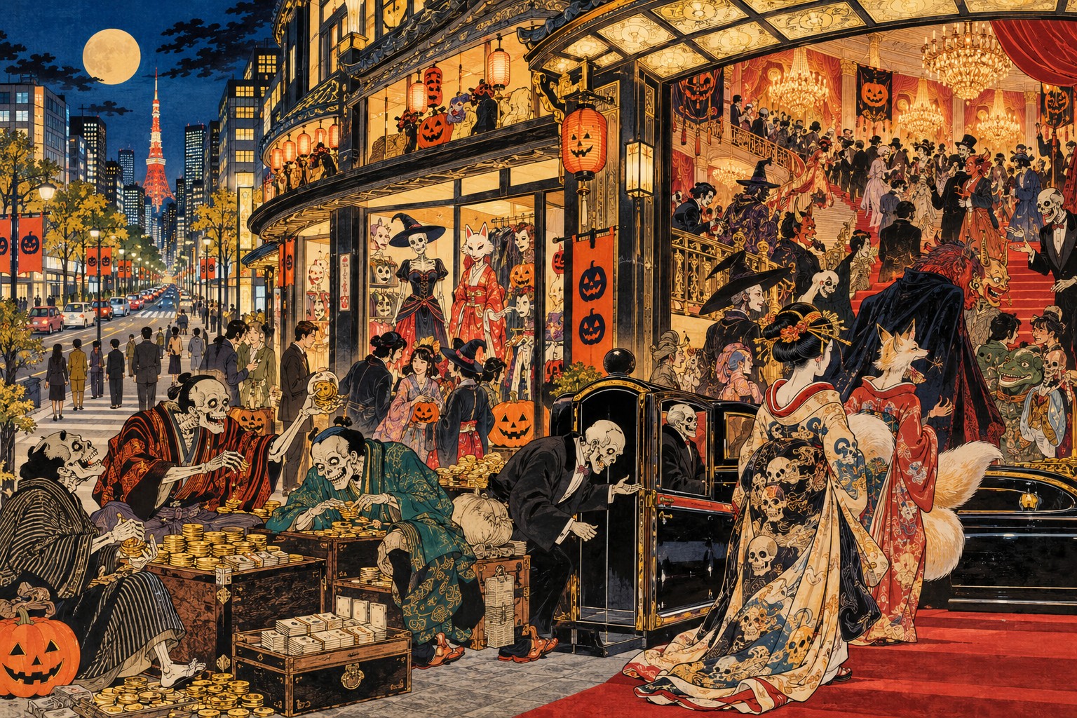 Halloween Goes Indoors: How Tokyo’s Rules Are Reshaping the Business of Fear — AI-generated editorial illustration inspired by Kawanabe Kyōsai