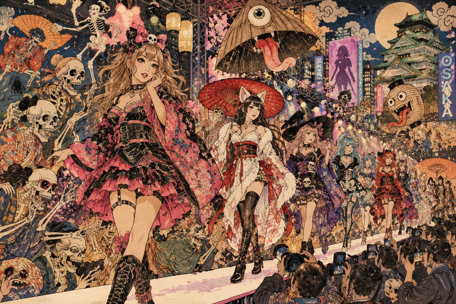 How Gyaru Became Halloween Fashion: Tika’s Seven New Costumes — AI-generated editorial illustration inspired by Kawanabe Kyōsai