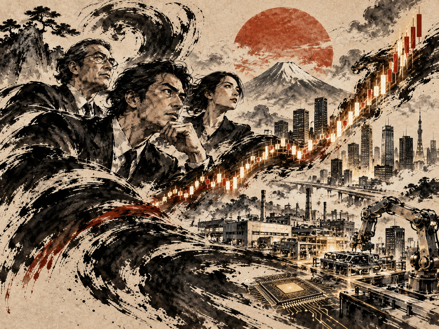海外投資家が見据える日本企業改革の「次」 — AI-generated editorial illustration inspired by Kishi Ganku