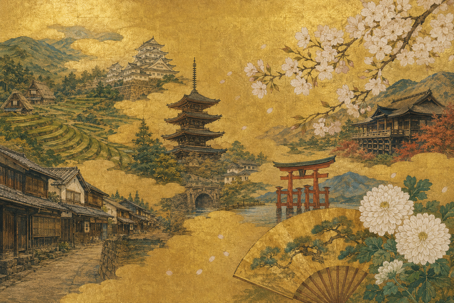 日本各地の文化景観、寺社、産業遺産、伝統文化を一つの地図上に結び、日本遺産の継続審査を表現した編集イラスト
