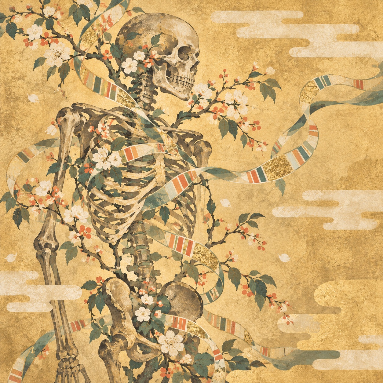 人骨と枝、花、遺伝子制御を表す帯状の模様を金色の背景に描いた編集用イラスト