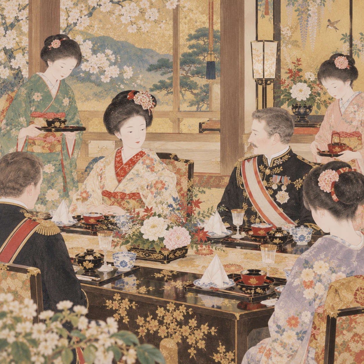 宮中晩餐会の食器、花、礼装を描いた編集用イラスト