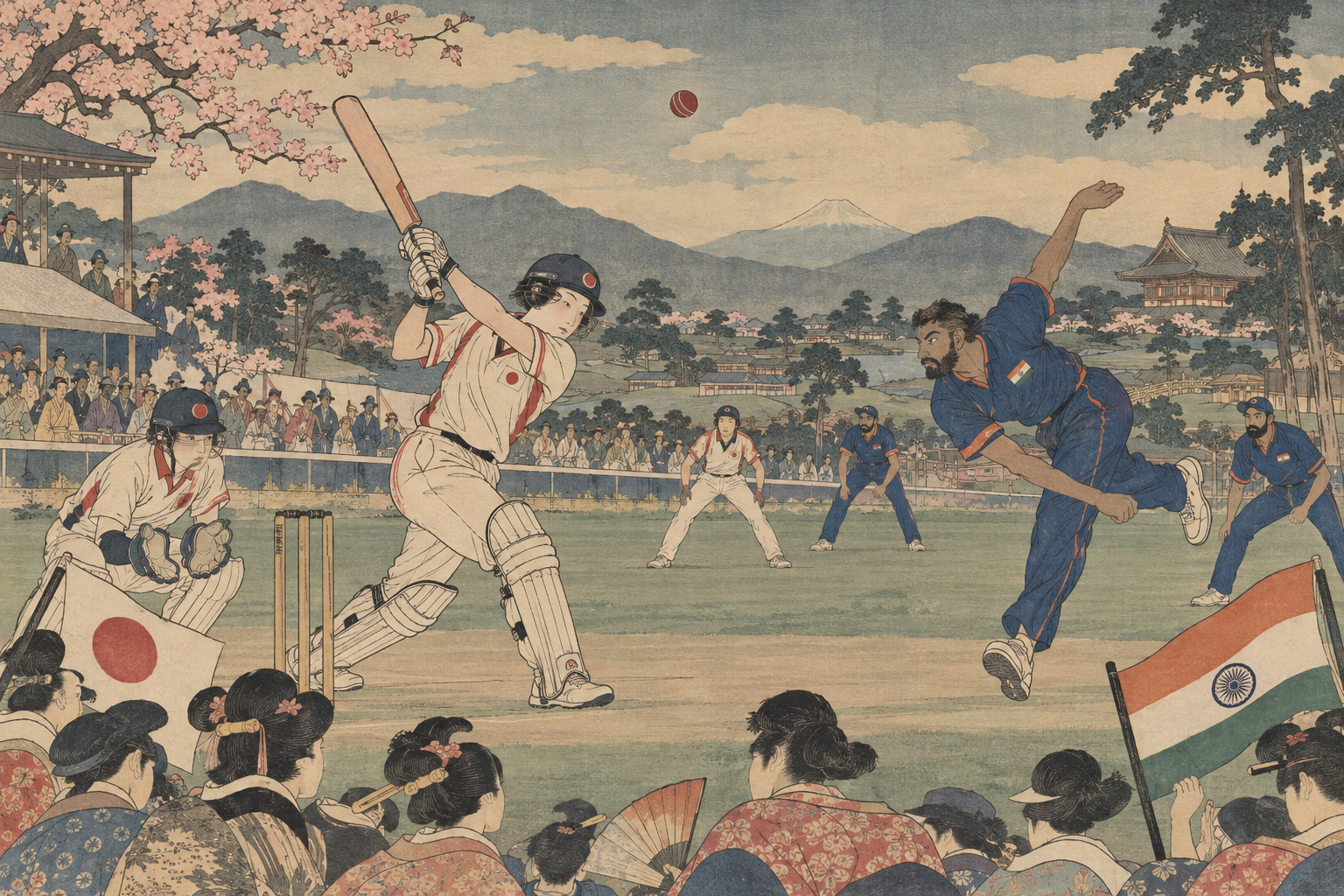 Kubo Shunman-inspired editorial illustration of Japan and India meeting on a cricket ground in Sano