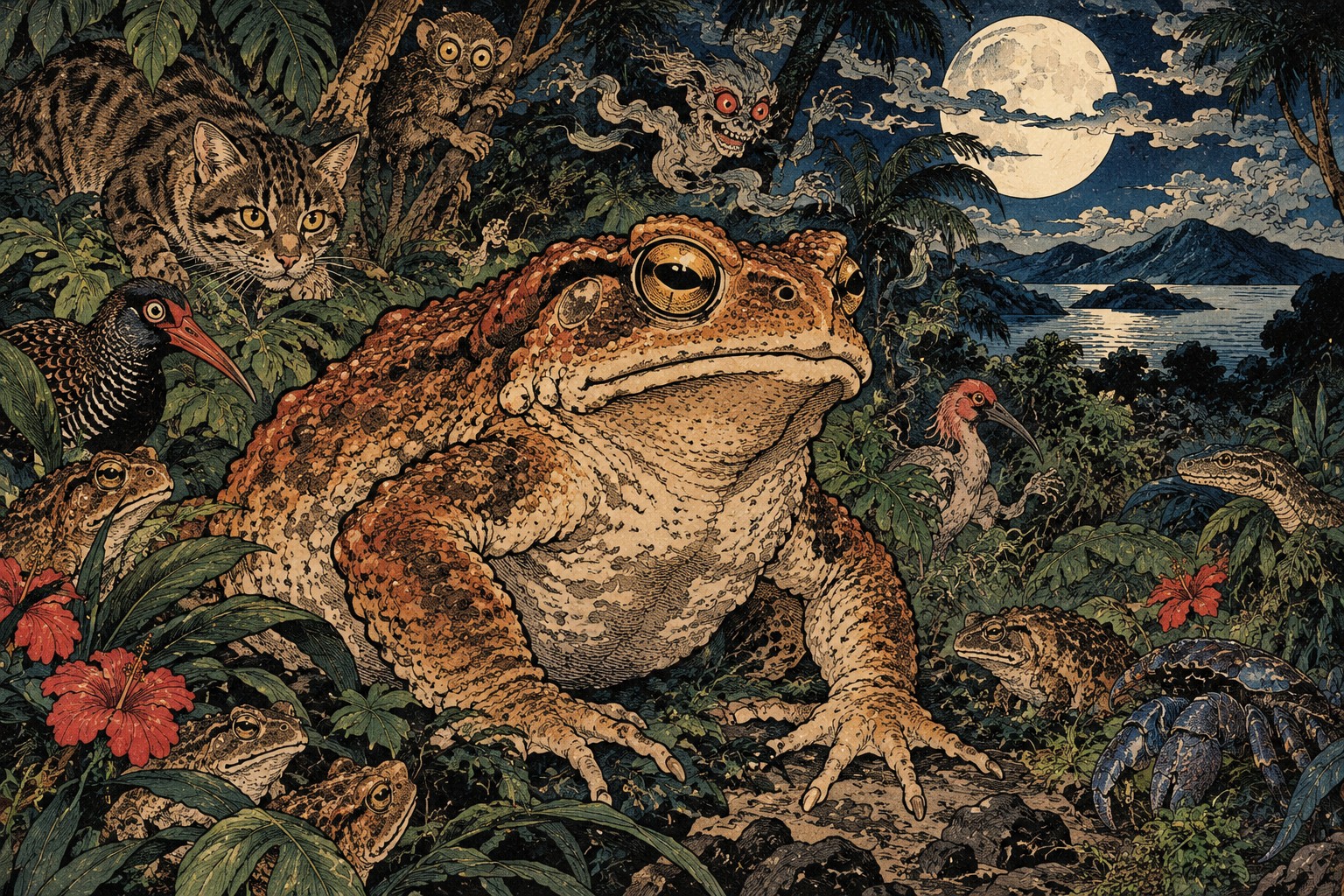 The Poisonous Toad at Iriomote’s Door: What the Genes Reveal — AI-generated editorial illustration inspired by Kawanabe Kyōsai