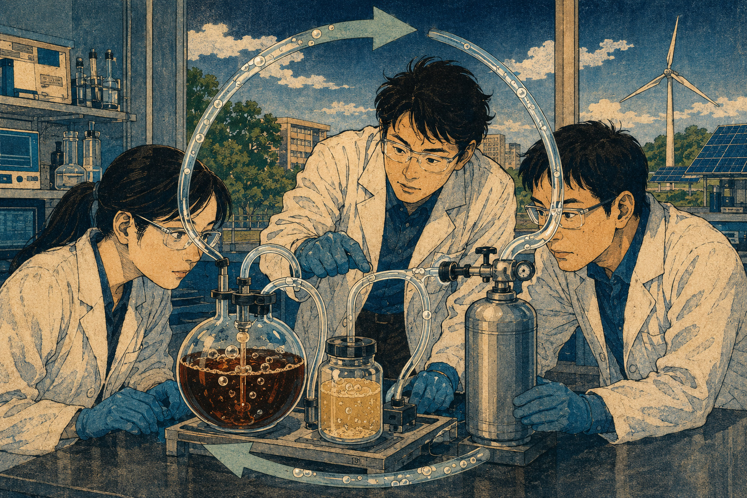 A conceptual Hirosada-inspired illustration of researchers, fermentation vessels and a circular hydrogen-storage process