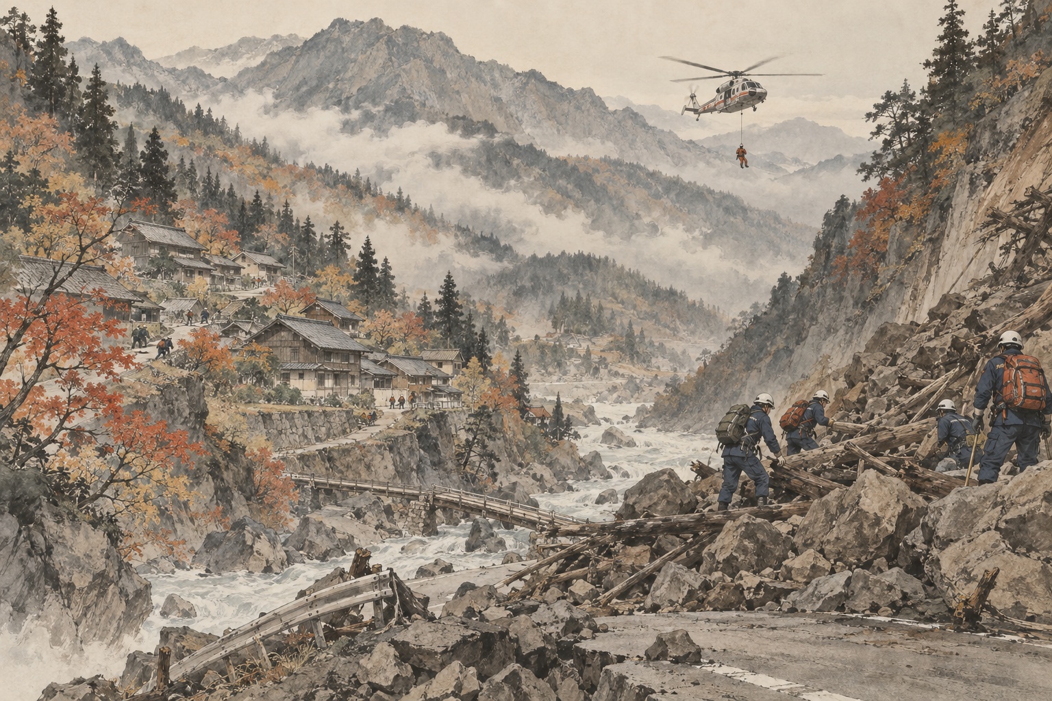 AI-generated editorial illustration of disaster responders working with a cut-off mountain community, inspired by the landscape tradition of Tani Buncho