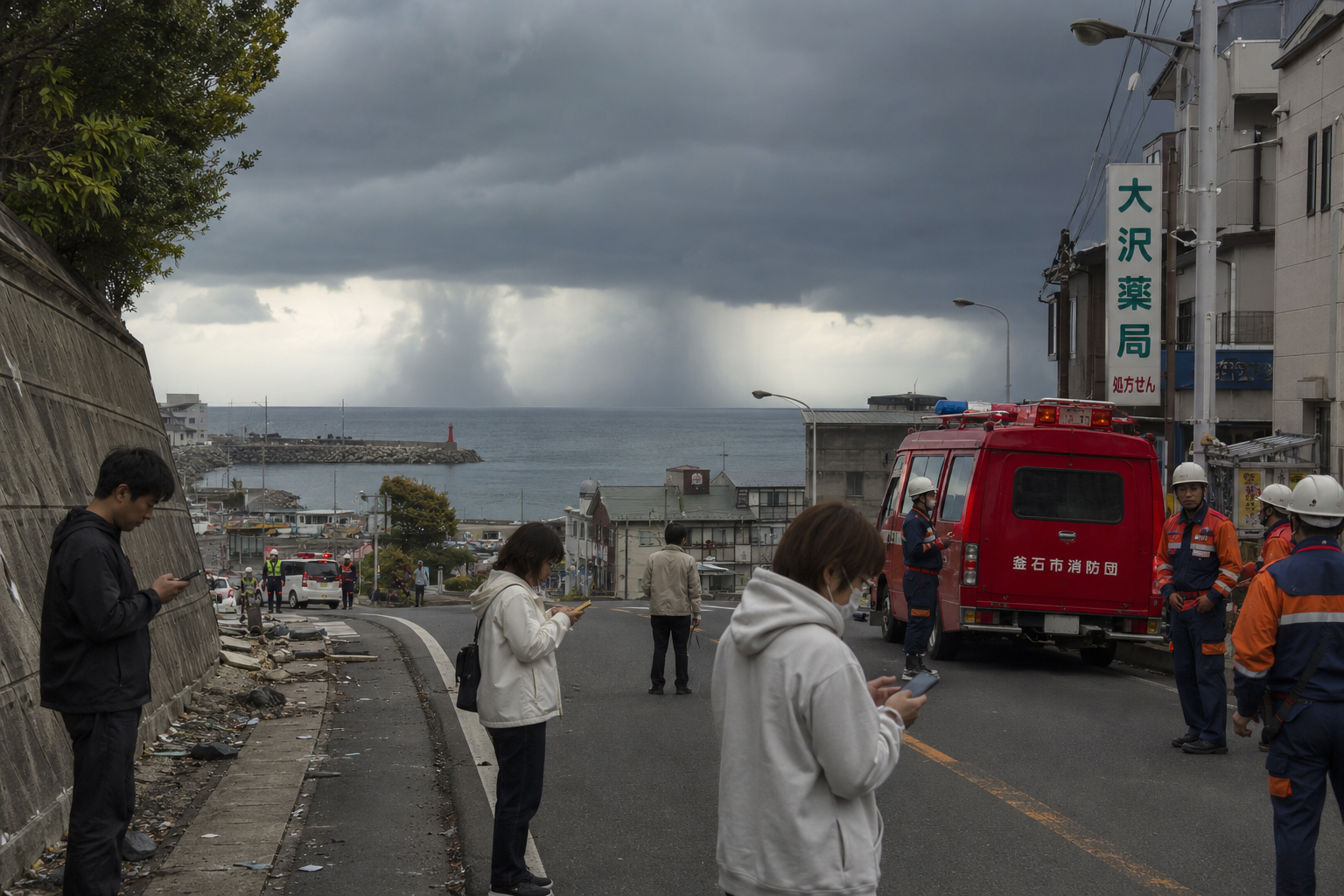 地震と台風リスクの中で沿岸部を確認する消防団員と住民