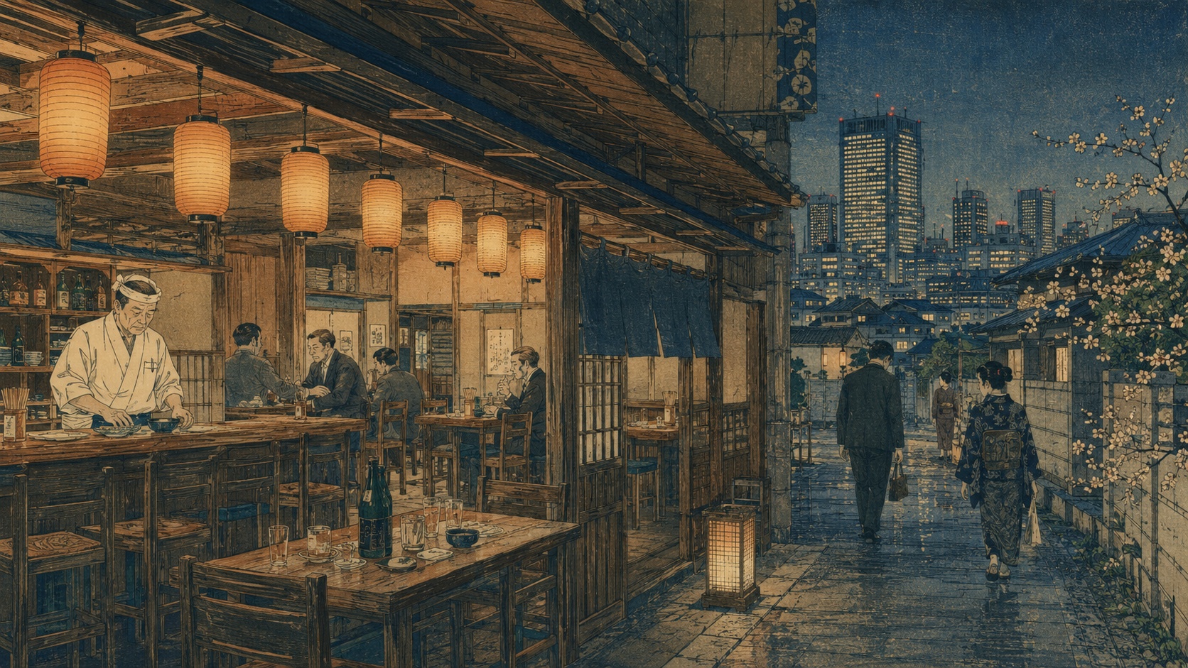 夜の東京で、灯りのともる伝統的な居酒屋と、客の去ったテーブルを歌川広重の「江戸高名会亭尽」を思わせる木版画調で描いたイメージ。