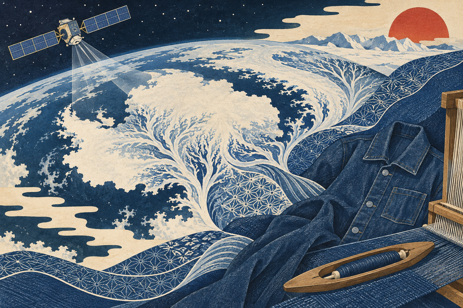 Antarctica, Woven: JAXA and ISSEY MIYAKE Bring Satellite Observation into Denim — AI editorial illustration