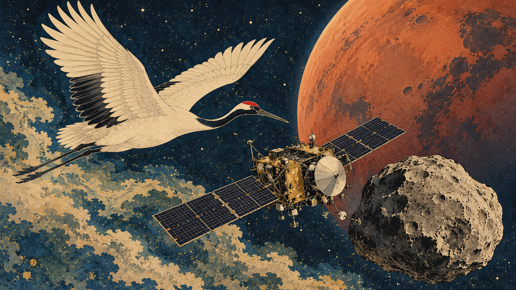 火星の月から「砂10グラム」を持ち帰れ――MMX打ち上げ成功、日本の探査は次の段階へ — editorial illustration