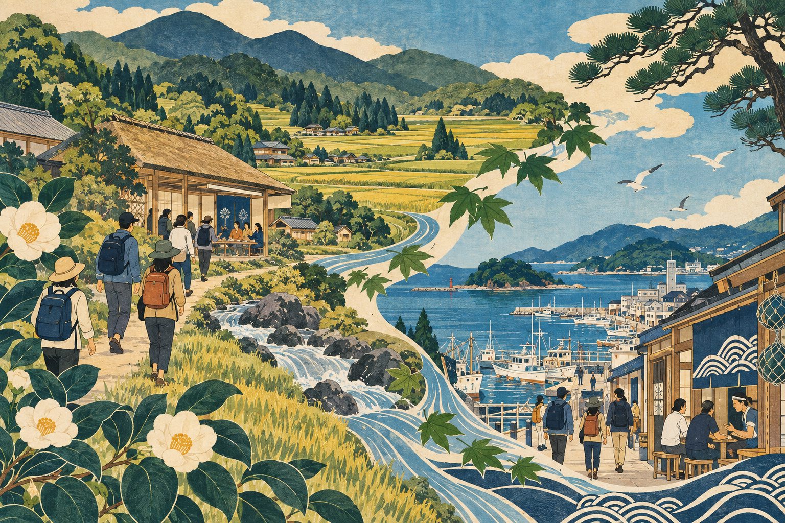 What Communities Can Bring Home: Sustainability Study Tours in Kameoka and Ishinomaki — AI editorial illustration
