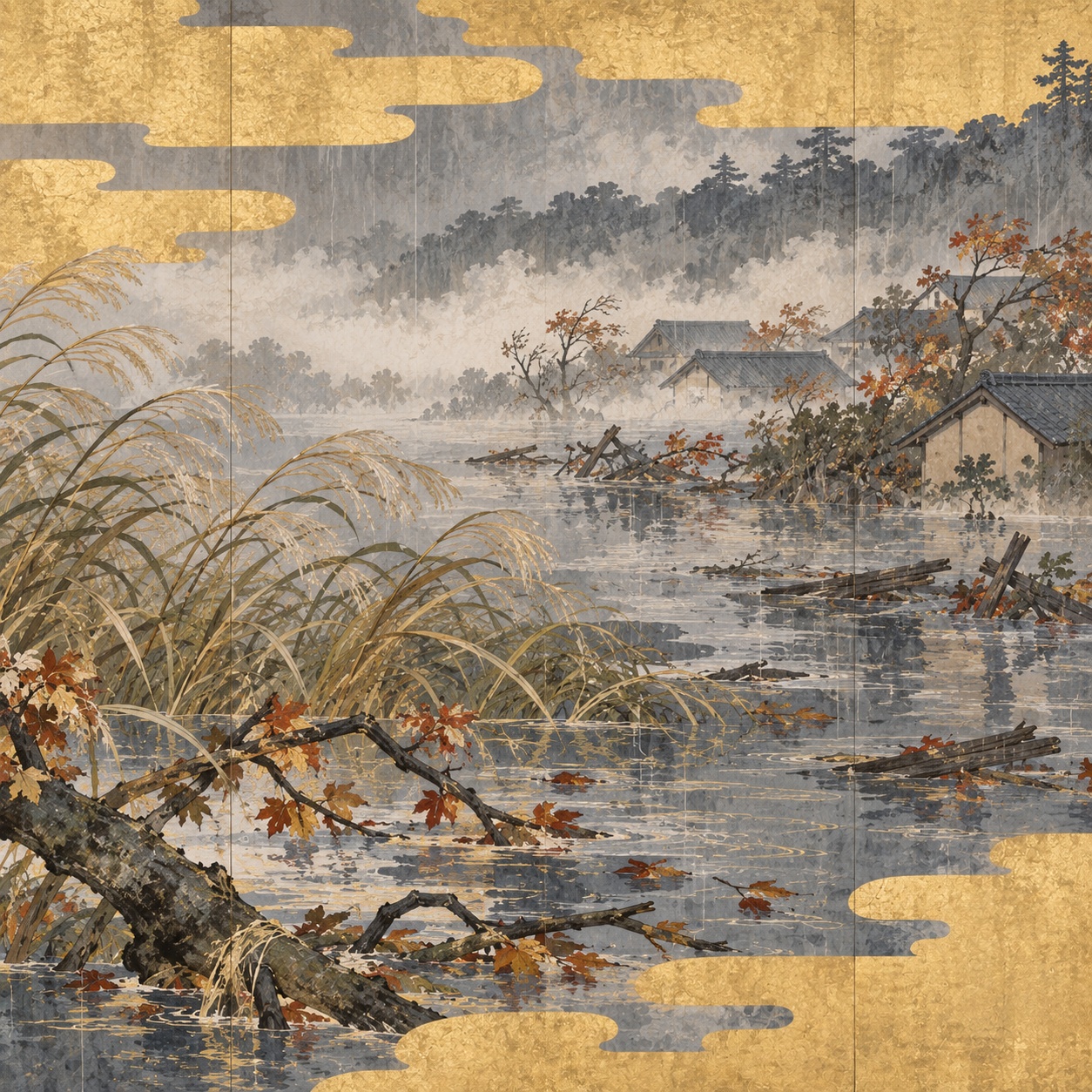 増水した水辺、倒木、葦、浸水した家々を金と灰青色で描いた編集用イラスト