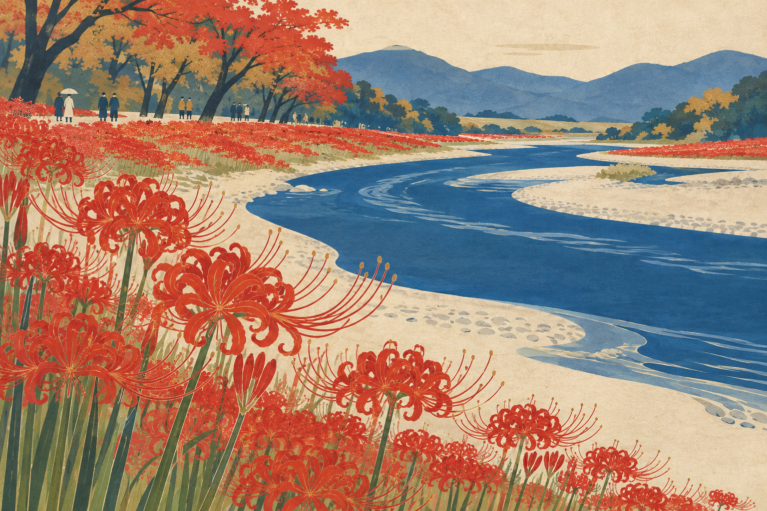 Beyond the red flowers: the river and the work behind Kinchakuda’s autumn — AI editorial illustration