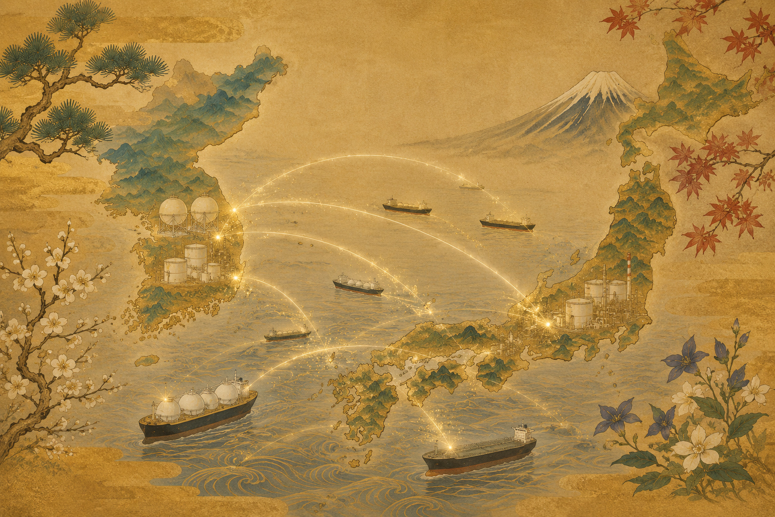 Editorial illustration linking Japan and South Korea with LNG carriers, crude-oil tankers, petroleum storage tanks and emergency energy-supply routes