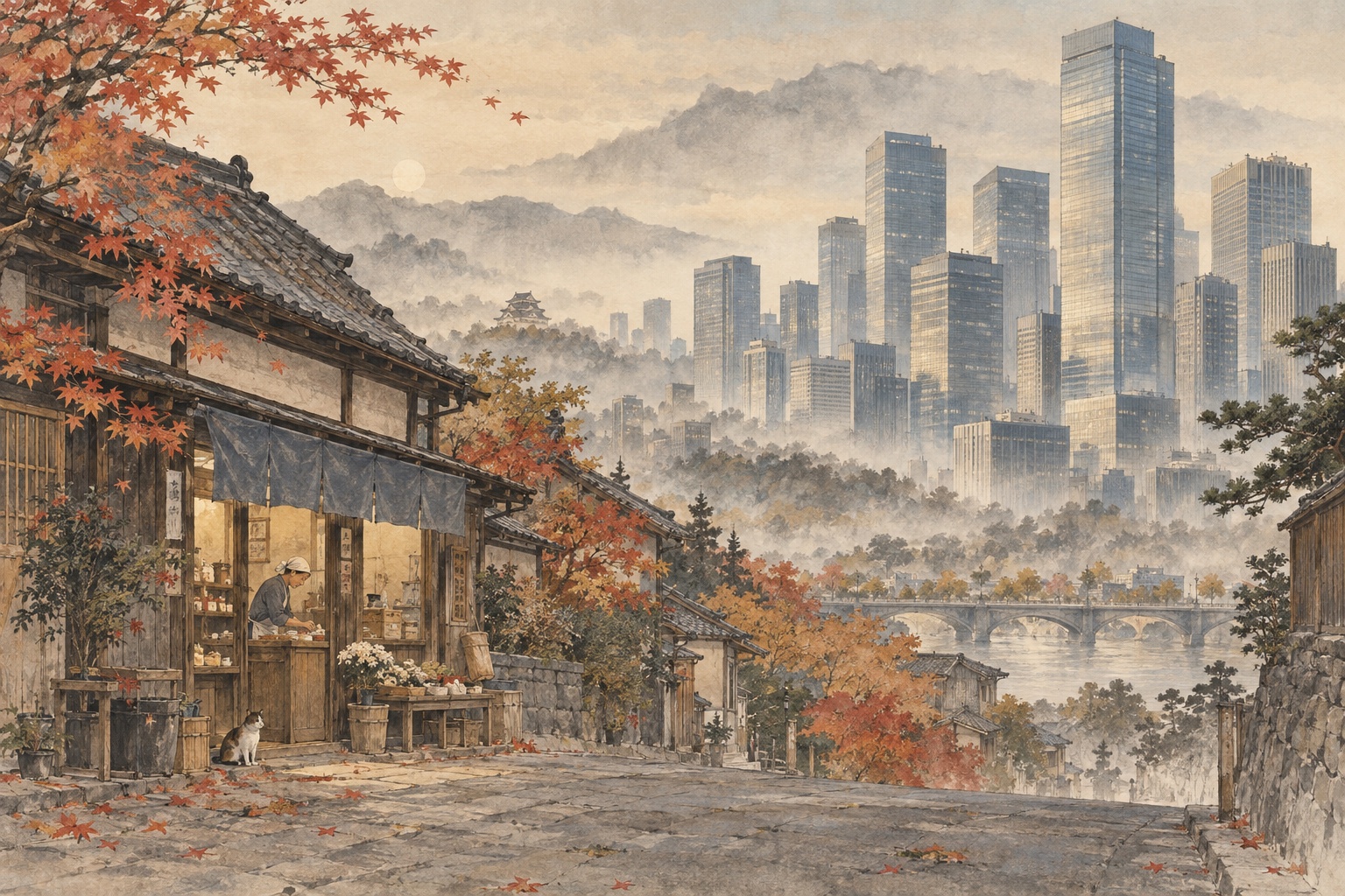 AI-generated editorial illustration contrasting a modern Japanese corporate skyline with a small neighborhood business, inspired by the landscape tradition of Tani Buncho