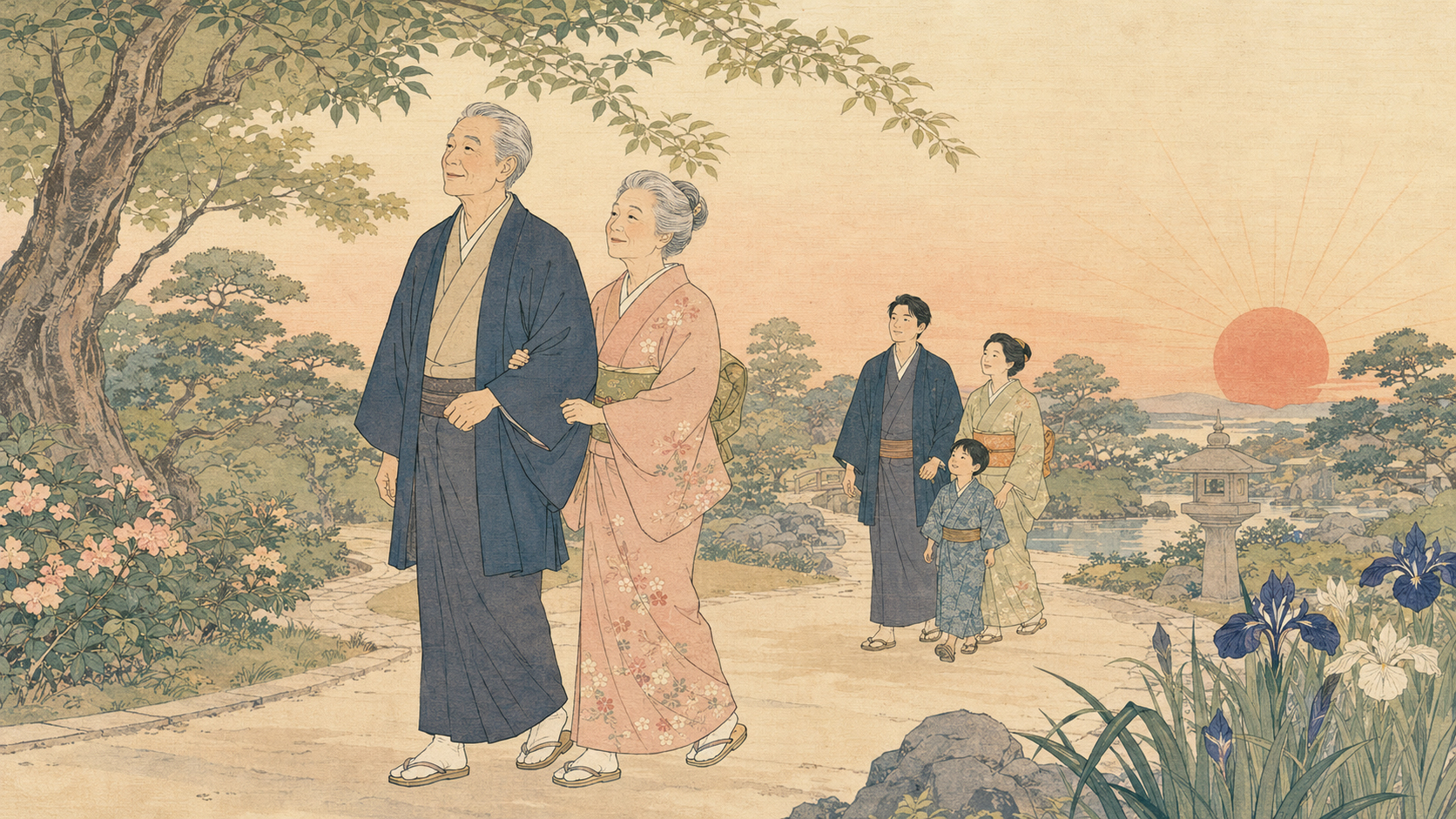 高齢の夫婦が庭を歩き、その後ろを若い世代が進む鈴木春信風の錦絵