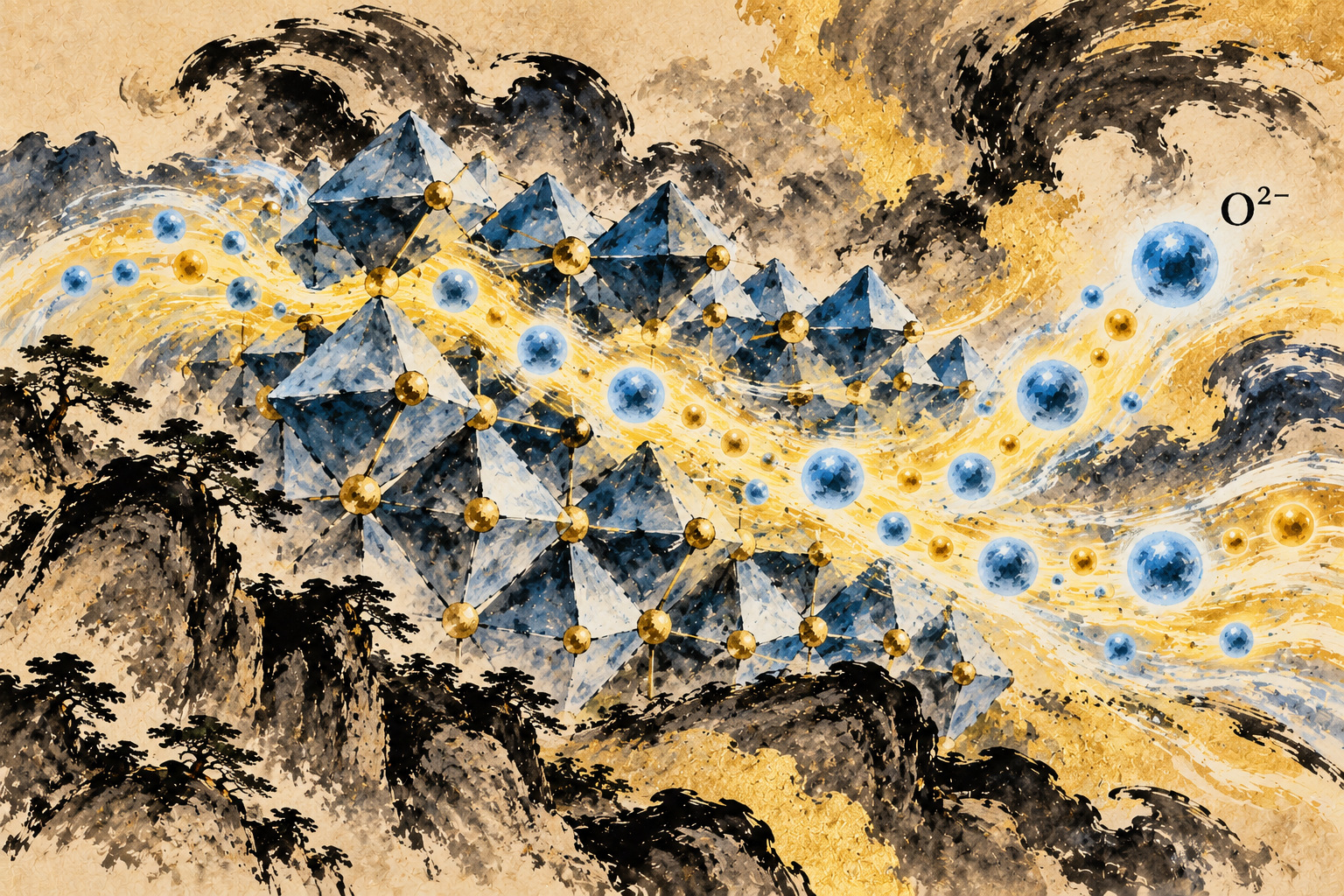233度で酸化物イオンが高速移動する新材料 — AI-generated editorial illustration inspired by Kishi Ganku