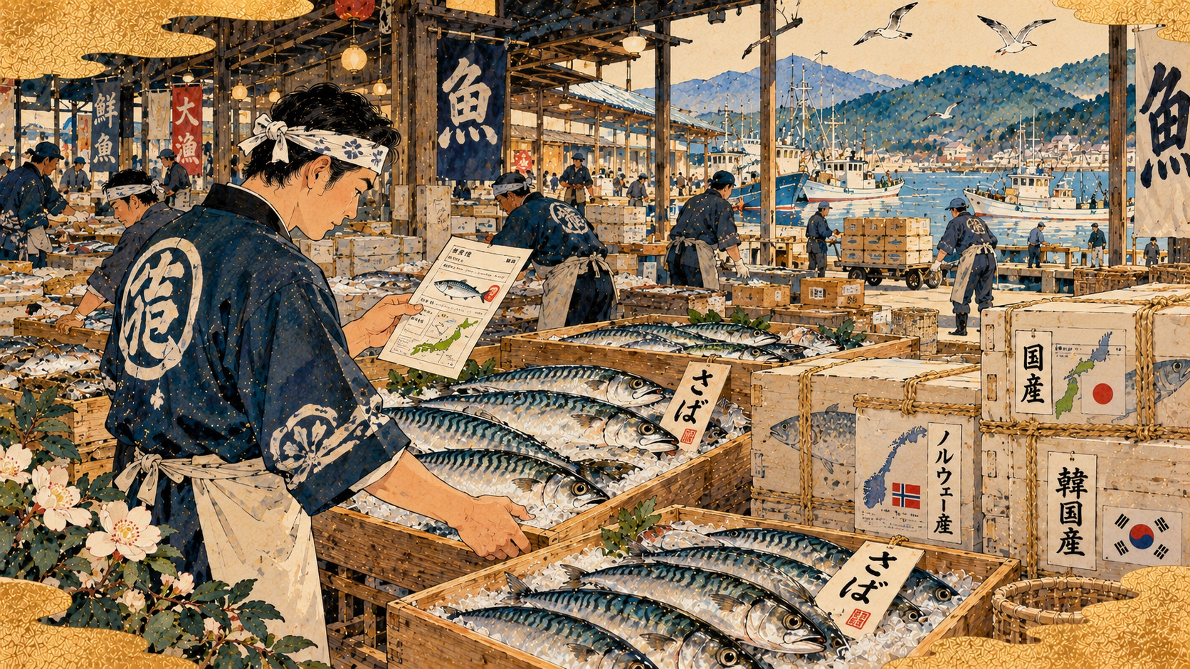 19 Tonnes of Mackerel, Wrong Origin Labels: Japan Orders Corrections — AI-generated editorial illustration inspired by Kawanabe Kyōsui