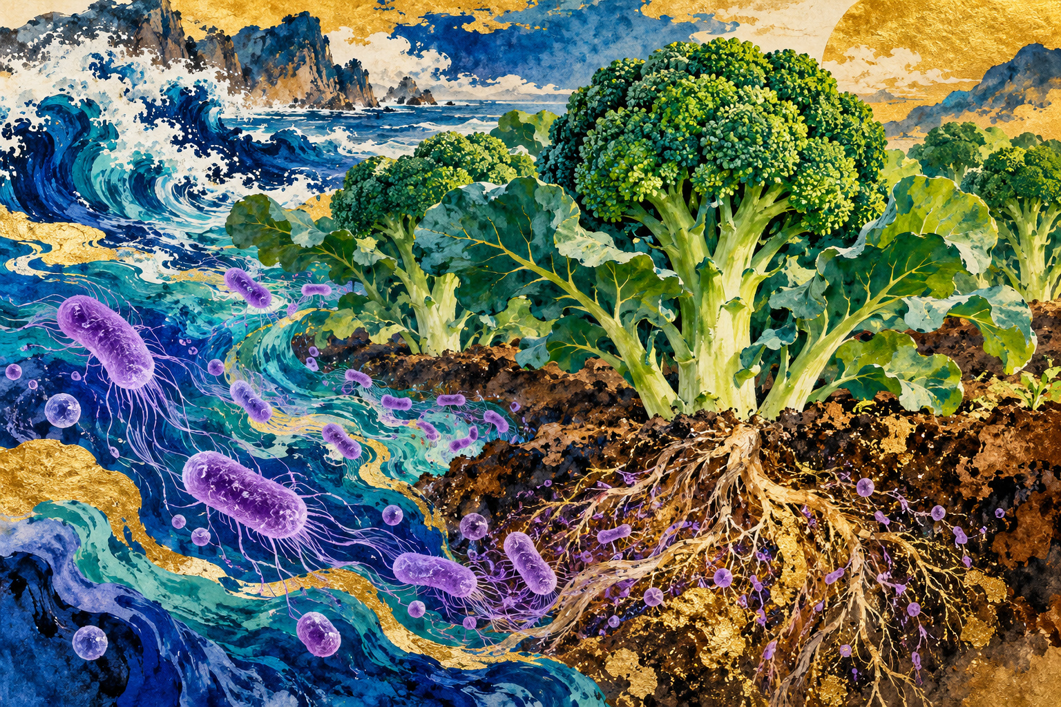 緑のブロッコリーと土壌の断面、海を示す青い背景に紫色の細菌を描いた概念イラスト