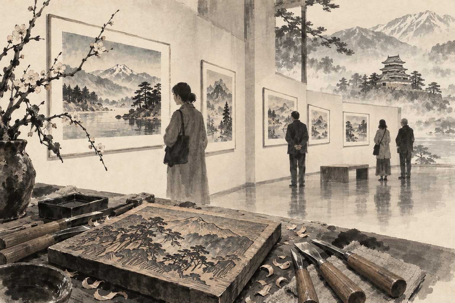 Matsumoto exhibition follows Hasui and Yoshida from travel sketches to woodblock prints — editorial illustration